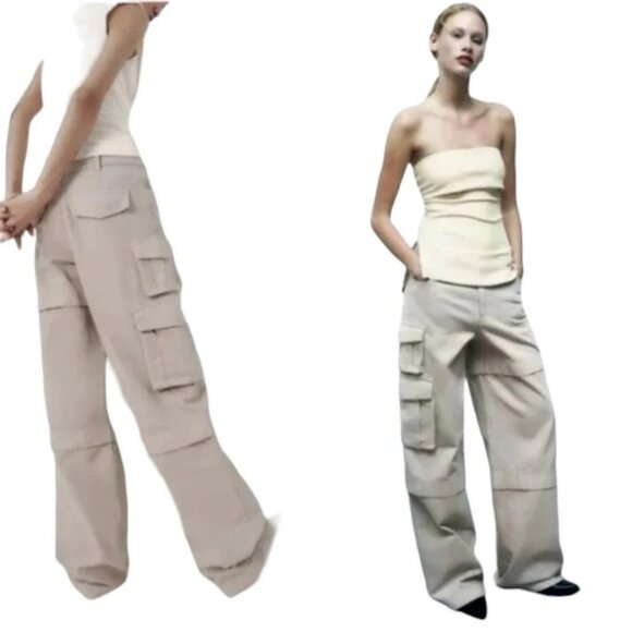 ZARA Extra Long Wide Leg Baggy Cargo Pants Womens Small Khaki - Picture 4 of 8